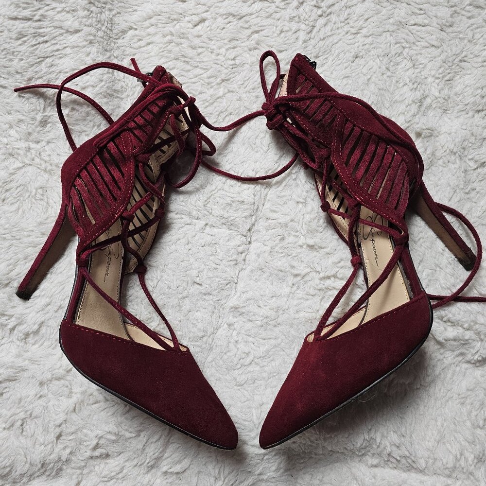 Jessica Simpson Cynessa Pointed Toe Lace Up Suede Port Red Dress Heel Size 5.5